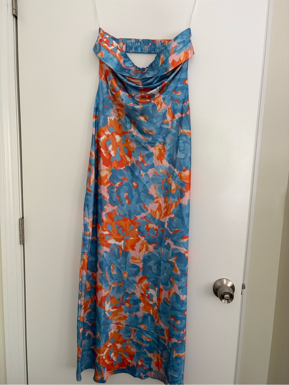 Floral Blue and Orange Strapless Maxi Dress